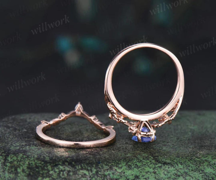 Vintage kite cut tanzanite engagement ring 14k rose gold leaf nature inspired ring women unique cluster diamond bridal promise ring set