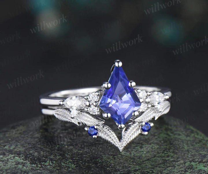 Kite cut tanzanite engagement ring set sapphire moissanite vintage 14k white gold ring leaf nature inspired wedding band bridal set gift