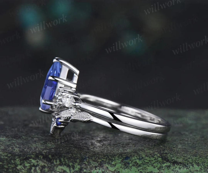 Kite cut tanzanite engagement ring set sapphire moissanite vintage 14k white gold ring leaf nature inspired wedding band bridal set gift