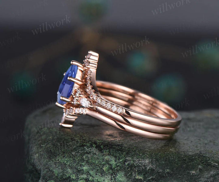 Kite cut natural tanzanite engagement ring set 14k rose gold marquise cut diamond ring women unique bridal wedding ring set gift