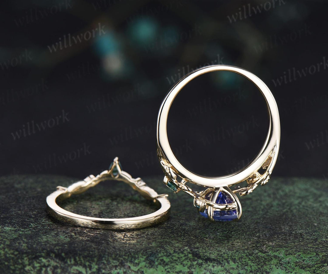Oval cut natural tanzanite engagement ring set art deco leaf nature inspired moss agate bridal wedding ring set women
