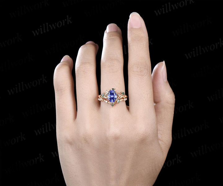 Oval cut natural tanzanite engagement ring set art deco leaf nature inspired moss agate bridal wedding ring set women