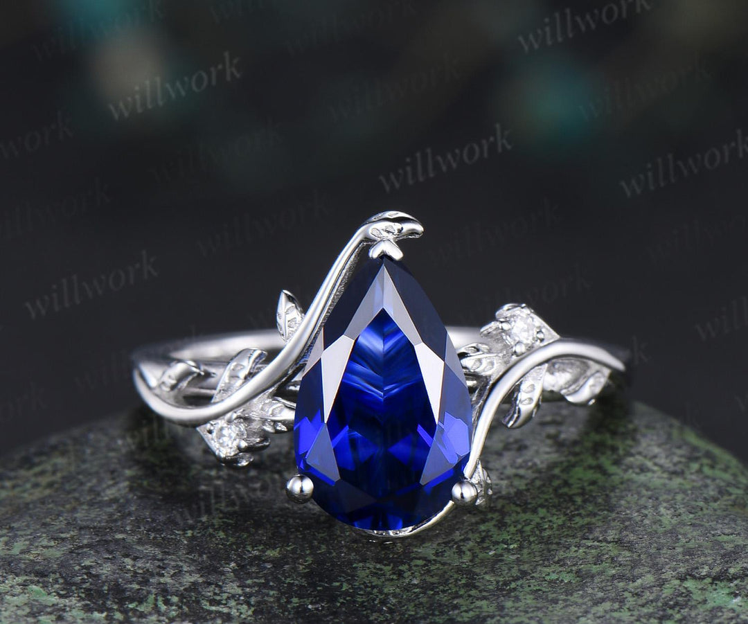 Pear blue sapphire leaf engagement ring set nature inspired big sapphire bridal set women jewelry