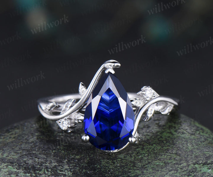 Pear blue sapphire leaf engagement ring set nature inspired big sapphire bridal set women jewelry