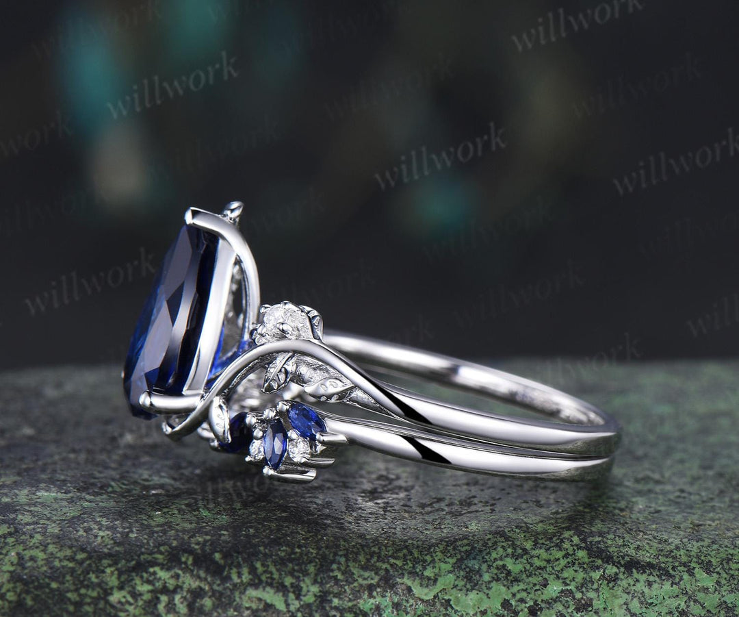 Pear blue sapphire leaf engagement ring set nature inspired big sapphire bridal set women jewelry