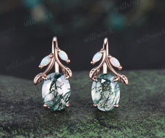Oval cut natural moss agate earrings solid 14k rose gold vintage leaf marquise opal drop earrings women anniversary gift jewelry