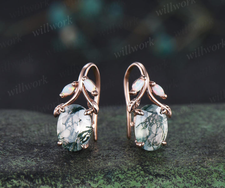 Oval cut natural moss agate earrings solid 14k rose gold vintage leaf marquise opal drop earrings women anniversary gift jewelry