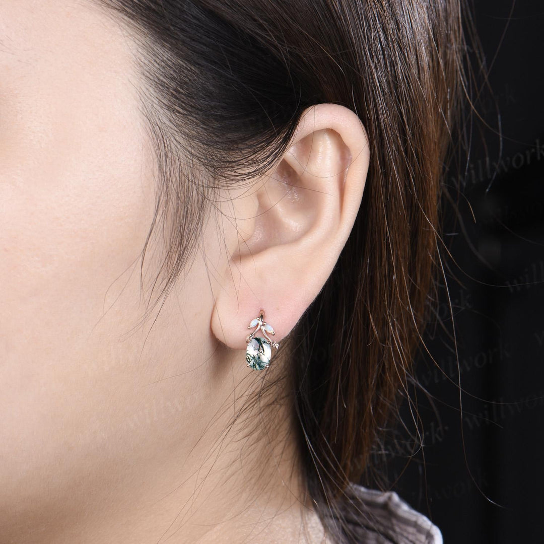 Oval cut natural moss agate earrings solid 14k rose gold vintage leaf marquise opal drop earrings women anniversary gift jewelry