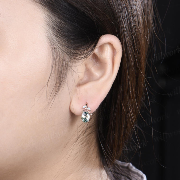 Oval cut natural moss agate earrings solid 14k rose gold vintage leaf marquise opal drop earrings women anniversary gift jewelry