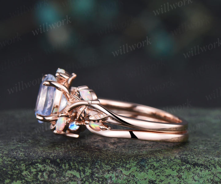 Oval moonstone engagement ring set leaf opal ring retro stacking art deco bridal set