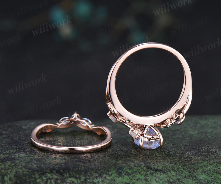 Oval moonstone engagement ring set leaf opal ring retro stacking art deco bridal set