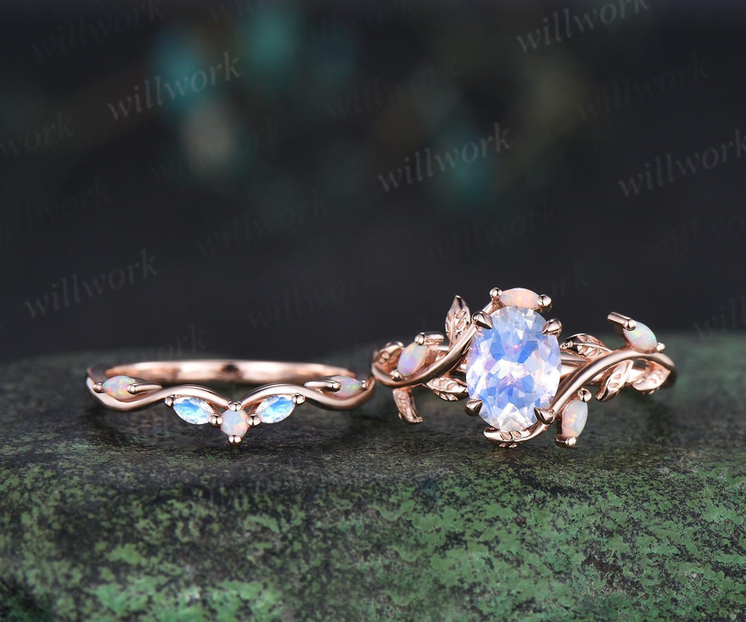 Oval moonstone engagement ring set leaf opal ring retro stacking art deco bridal set