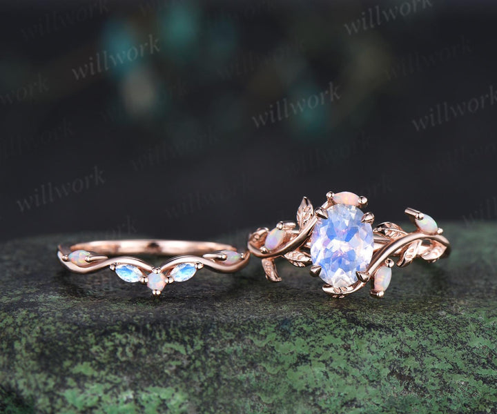 Oval moonstone engagement ring set leaf opal ring retro stacking art deco bridal set