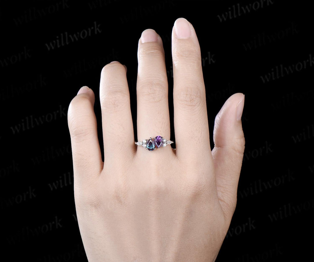 Teardrop amethyst alexandrite ring toi et moi unique two stone claw prong engagement ring