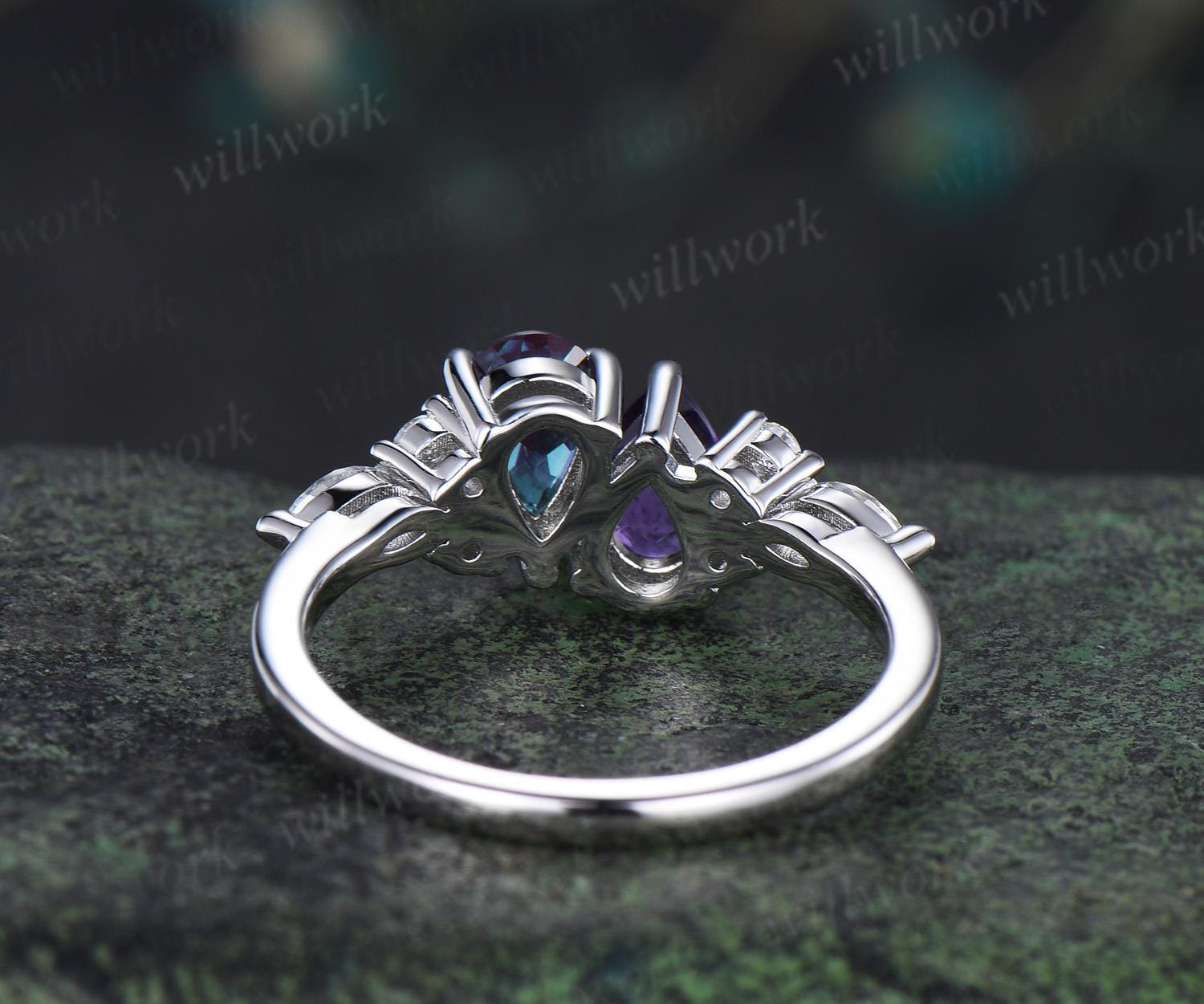 pry Crystal Edge Ring17号 Teardrop amethyst alexandrite ring toi et moi unique two stone