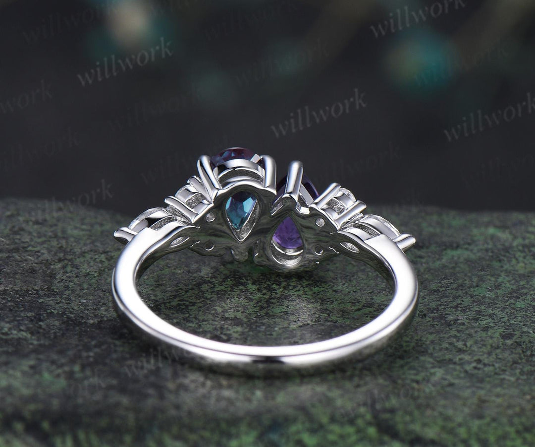 Teardrop amethyst alexandrite ring toi et moi unique two stone claw prong engagement ring