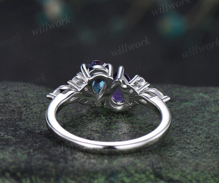 Teardrop amethyst alexandrite ring toi et moi unique two stone claw prong engagement ring