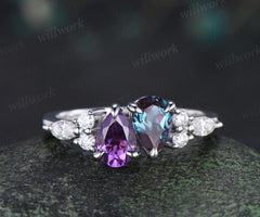 Teardrop amethyst alexandrite ring toi et moi unique two stone claw prong engagement ring
