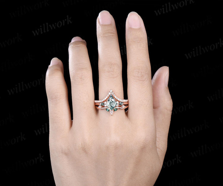 Kite cut moss agate engagement ring set emerald half eternity moissanite wedding band rose gold bridal set