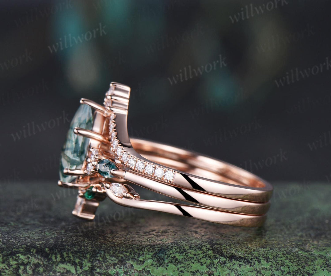 Kite cut moss agate engagement ring set emerald half eternity moissanite wedding band rose gold bridal set