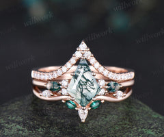 Kite cut moss agate engagement ring set emerald half eternity moissanite wedding band rose gold bridal set
