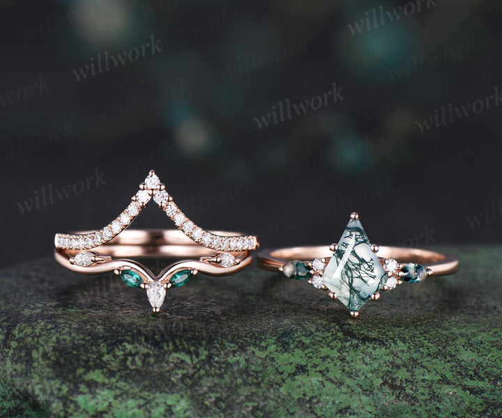 Kite cut moss agate engagement ring set emerald half eternity moissanite wedding band rose gold bridal set