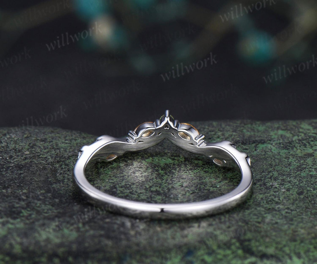 Curved citrine peridot wedding band leaf five stone stacking band bridal ring