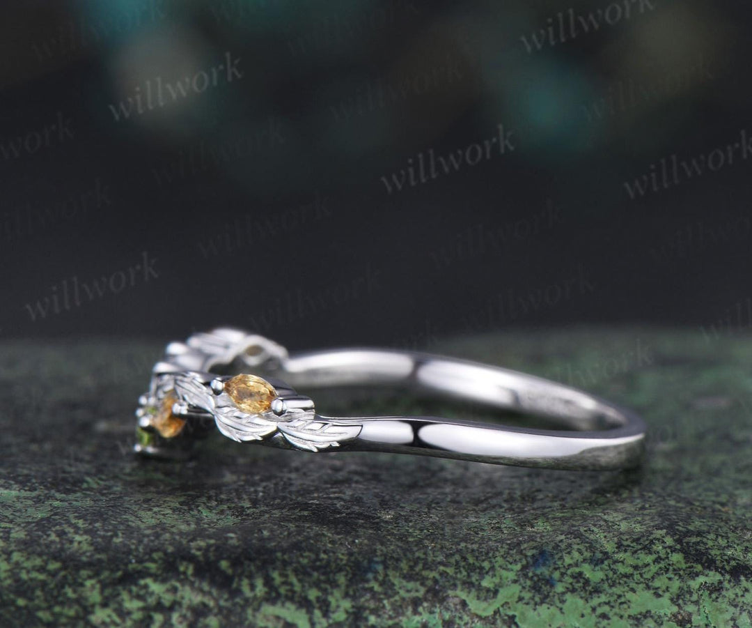 Curved citrine peridot wedding band leaf five stone stacking band bridal ring