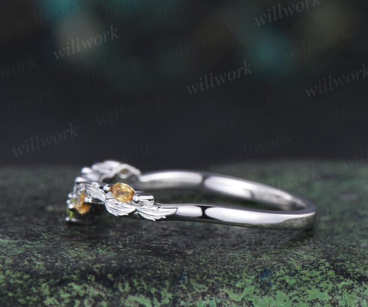 Curved citrine peridot wedding band leaf five stone stacking band bridal ring
