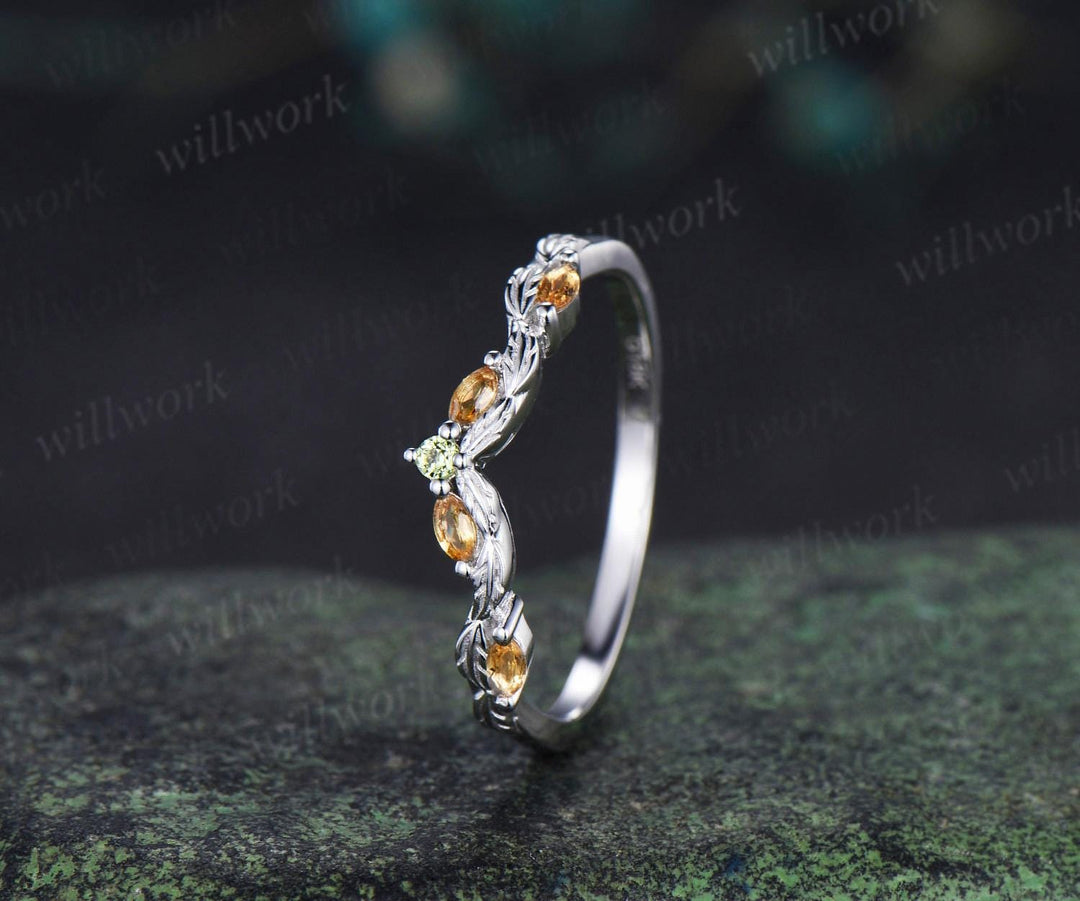 Curved citrine peridot wedding band leaf five stone stacking band bridal ring