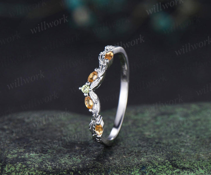 Curved citrine peridot wedding band leaf five stone stacking band bridal ring