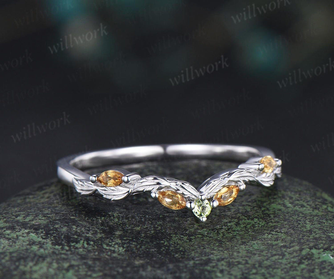 Curved citrine peridot wedding band leaf five stone stacking band bridal ring
