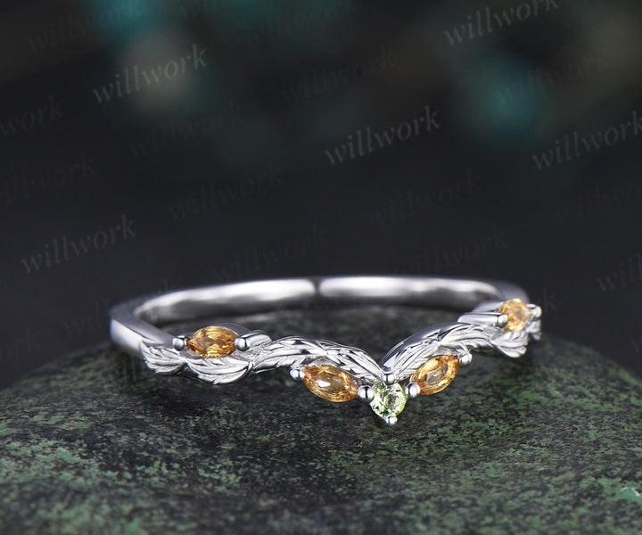 Curved citrine peridot wedding band leaf five stone stacking band bridal ring