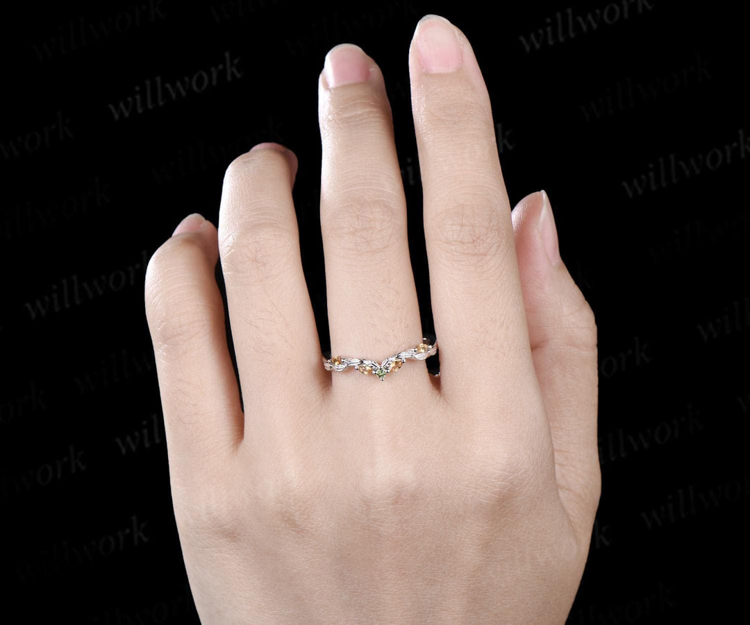 Curved citrine peridot wedding band leaf five stone stacking band bridal ring