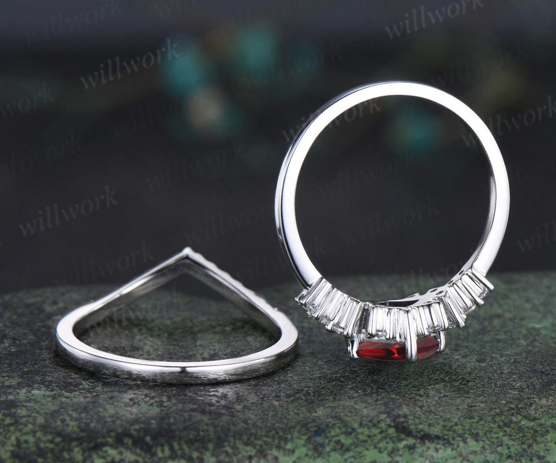 Princess cut red garnet engagement ring cluster diamond wedding ring set women January birthstone