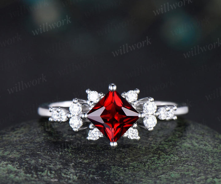 Princess cut red garnet engagement ring cluster diamond wedding ring set women January birthstone