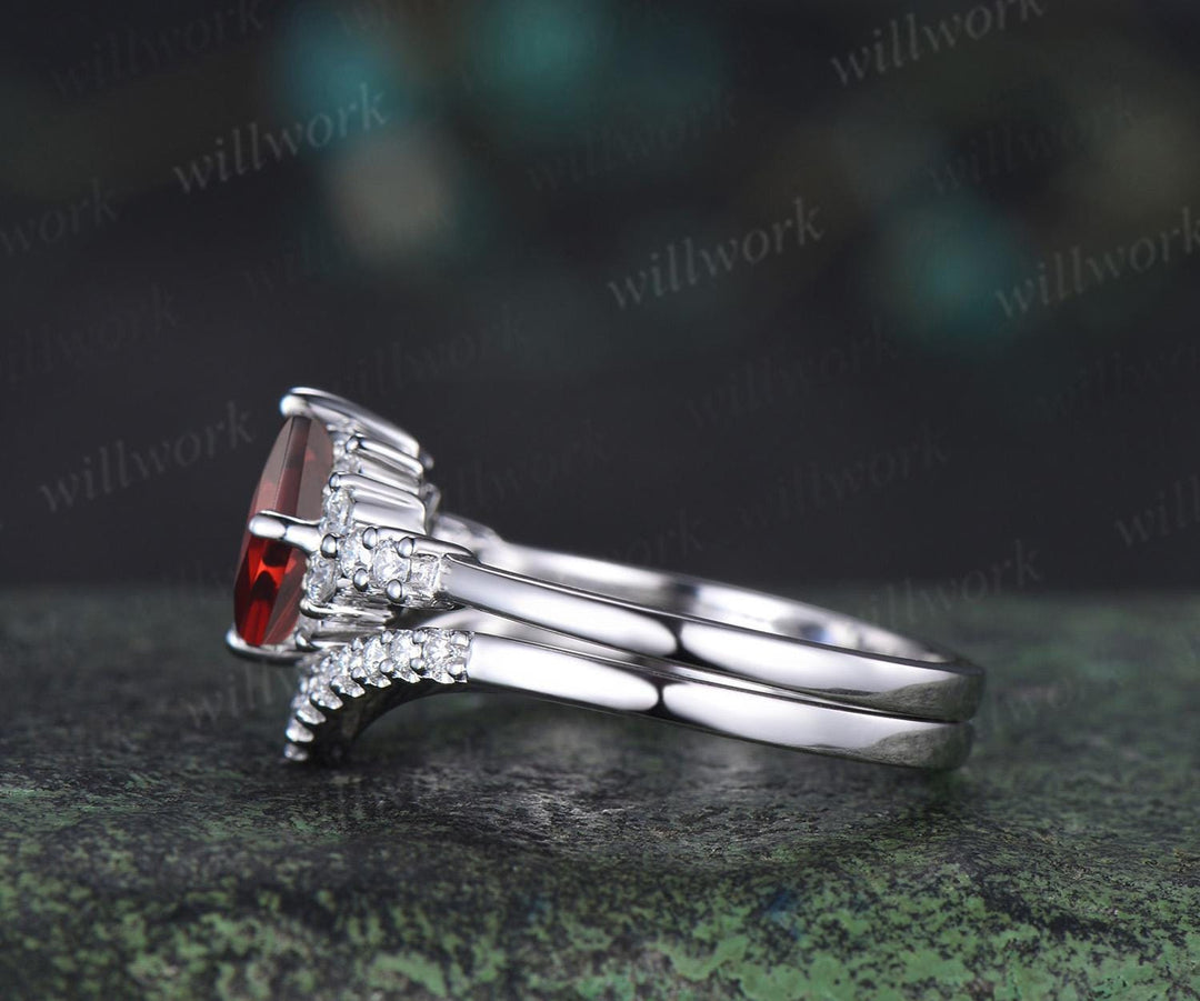 Princess cut red garnet engagement ring cluster diamond wedding ring set women January birthstone