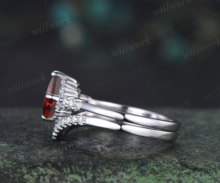 Princess cut red garnet engagement ring cluster diamond wedding ring set women January birthstone