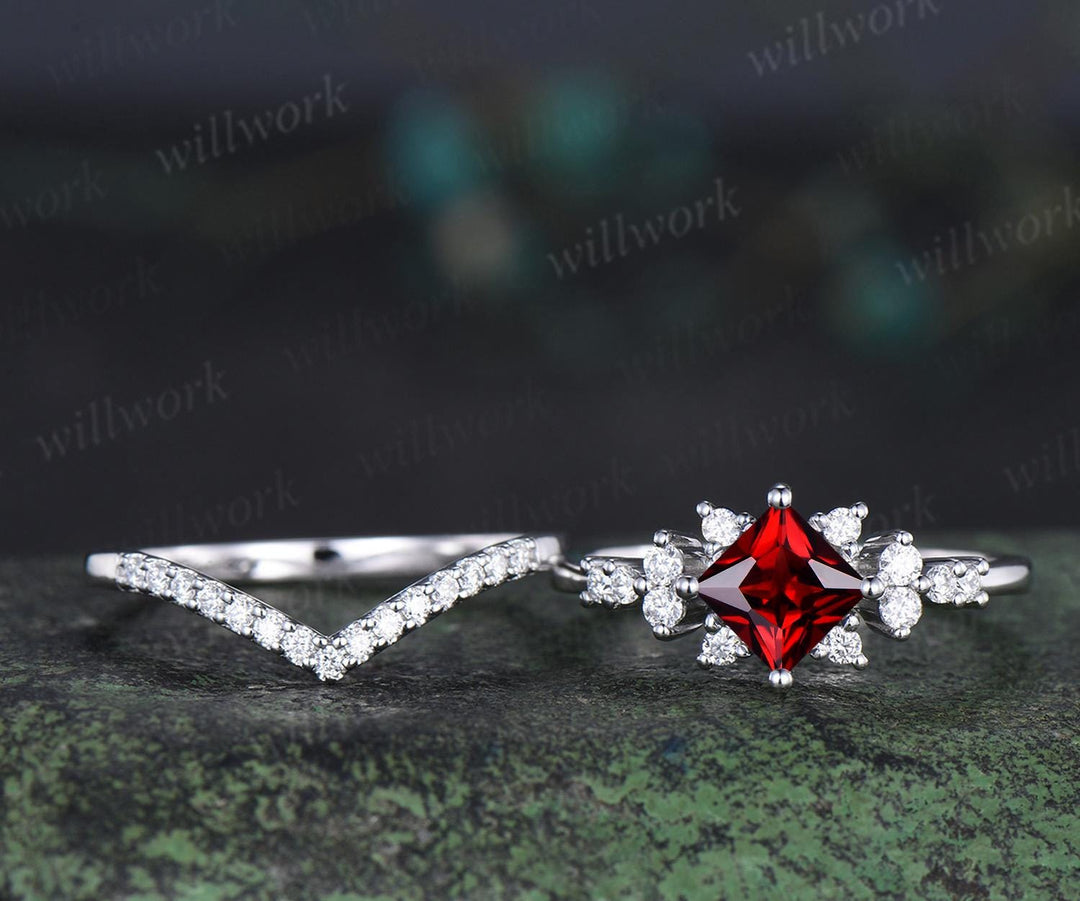 Princess cut red garnet engagement ring cluster diamond wedding ring set women January birthstone