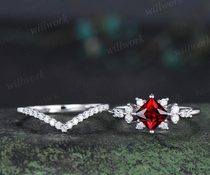 Princess cut red garnet engagement ring cluster diamond wedding ring set women January birthstone