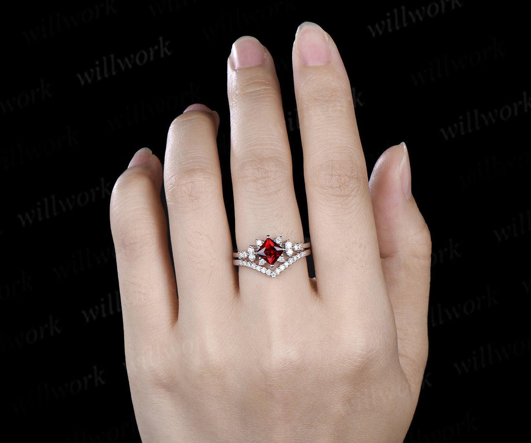 Princess cut red garnet engagement ring cluster diamond wedding ring set women January birthstone
