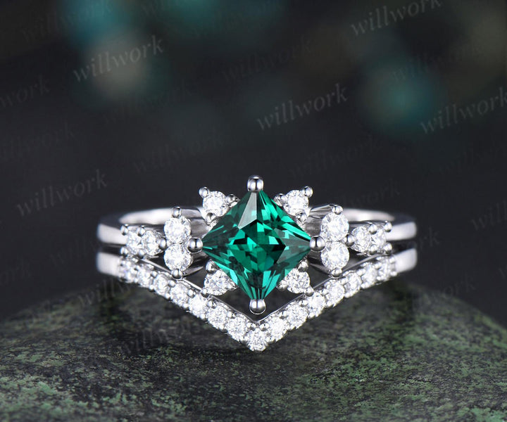 Princess cut red green emerald engagement ring cluster diamond wedding ring set women May birthstone