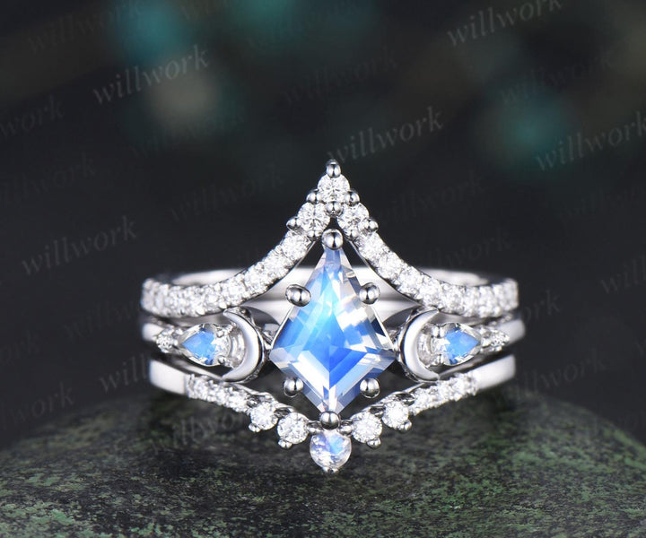 kite cut moonstone engagement ring set moon diamond five stone unique bridal set women jewelry