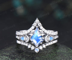 kite cut moonstone engagement ring set moon diamond five stone unique bridal set women jewelry