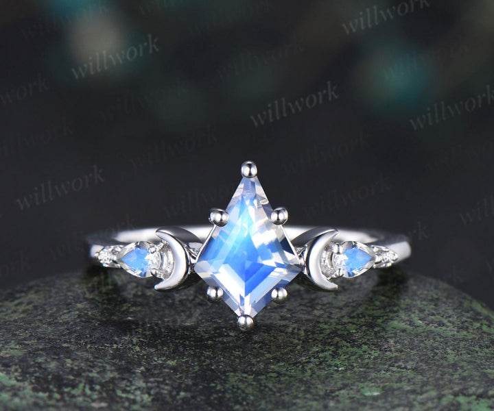kite cut moonstone engagement ring set moon diamond five stone unique bridal set women jewelry