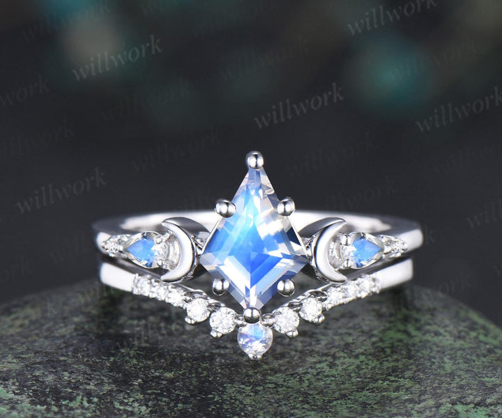 kite cut moonstone engagement ring set moon diamond five stone unique bridal set women jewelry