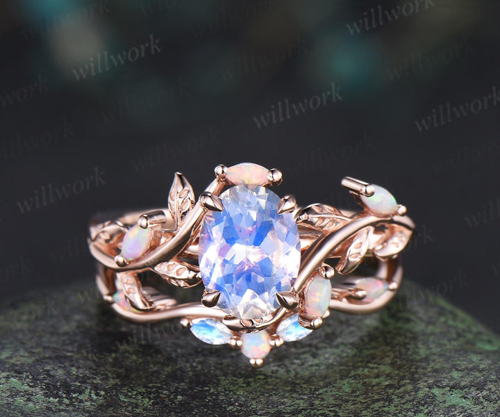 Oval moonstone engagement ring set leaf opal ring retro stacking art deco bridal set