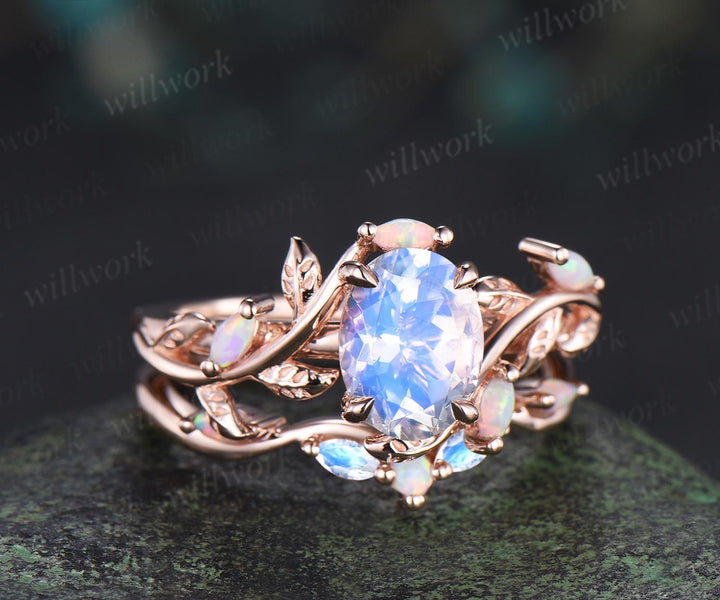 Oval moonstone engagement ring set leaf opal ring retro stacking art deco bridal set