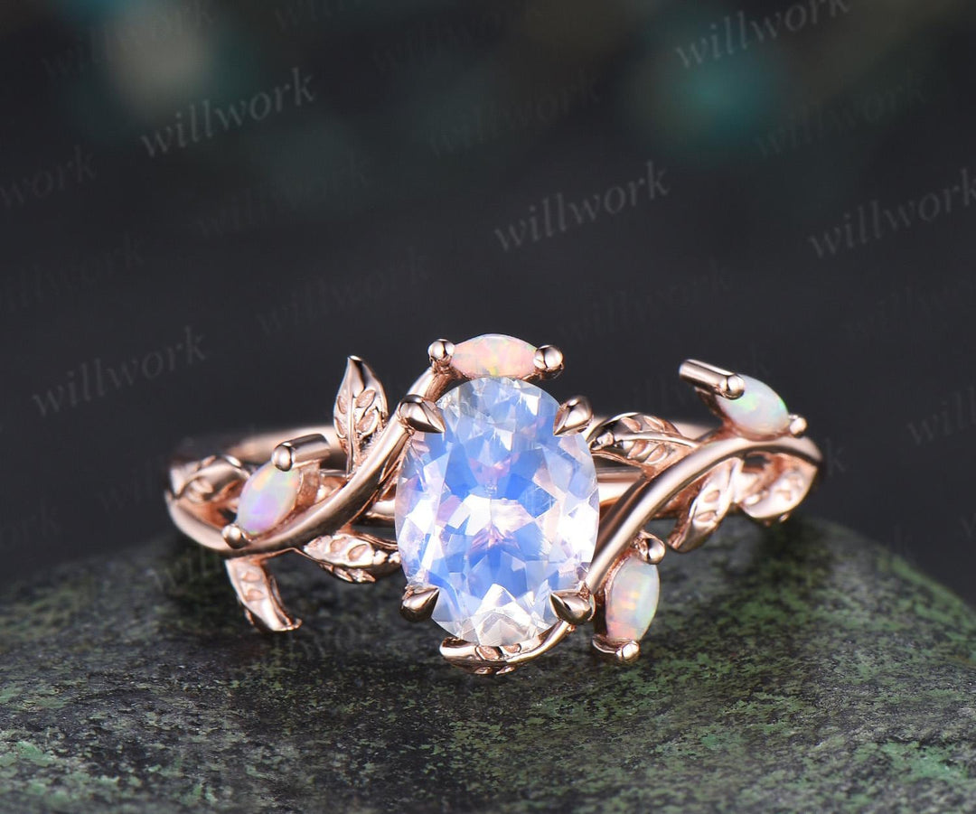 Oval moonstone engagement ring set leaf opal ring retro stacking art deco bridal set