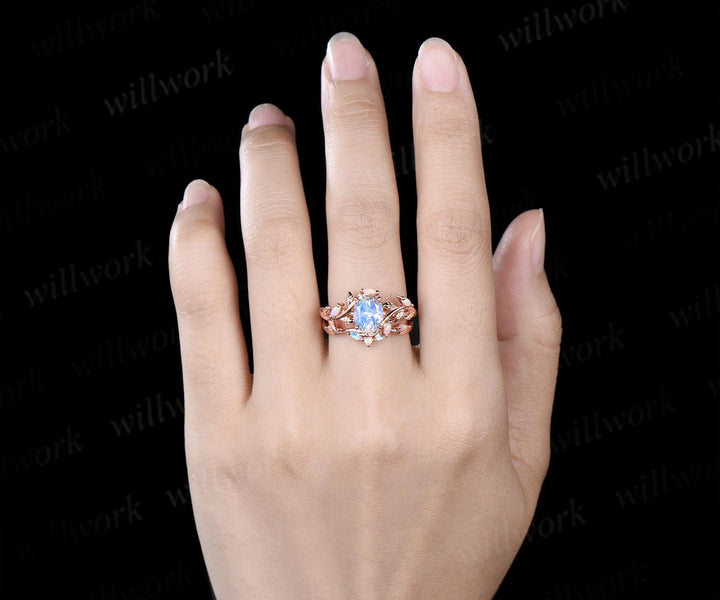 Oval moonstone engagement ring set leaf opal ring retro stacking art deco bridal set